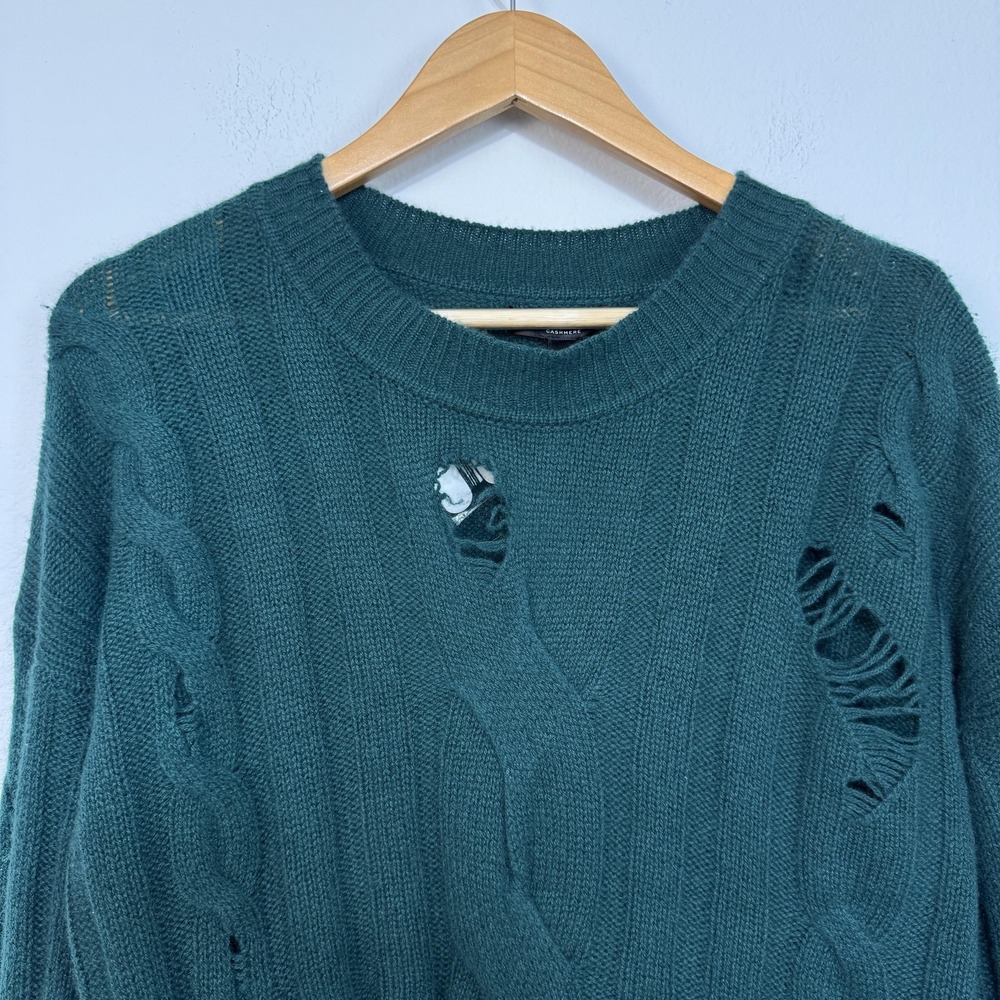 Aqua Cashmere Sweater Women's Medium Green Distressed Cable Knit Pullover Grunge - Picture 6 of 15